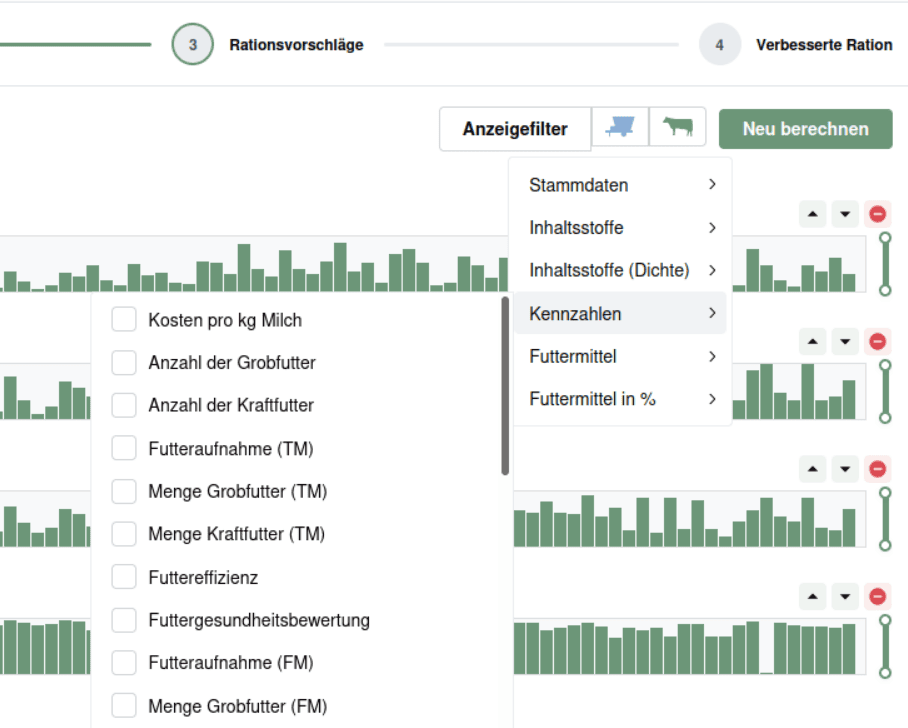 Anzeigefilter für Kennzahlen zu den Rationsvorschlägen in fodjan