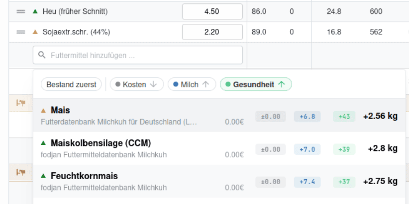 Intelligente Futtermittelauswahl beim Bearbeiten einer Ration in fodjan