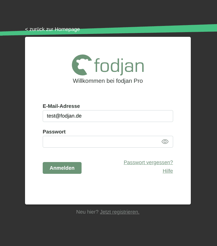 Passwortfeld in der fodjan Anmeldung für noch nicht migrierte Nutzer