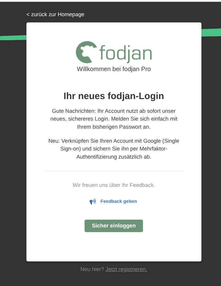 Einmalige Migration des fodjan Nutzerkontos auf das neue Login-Portal